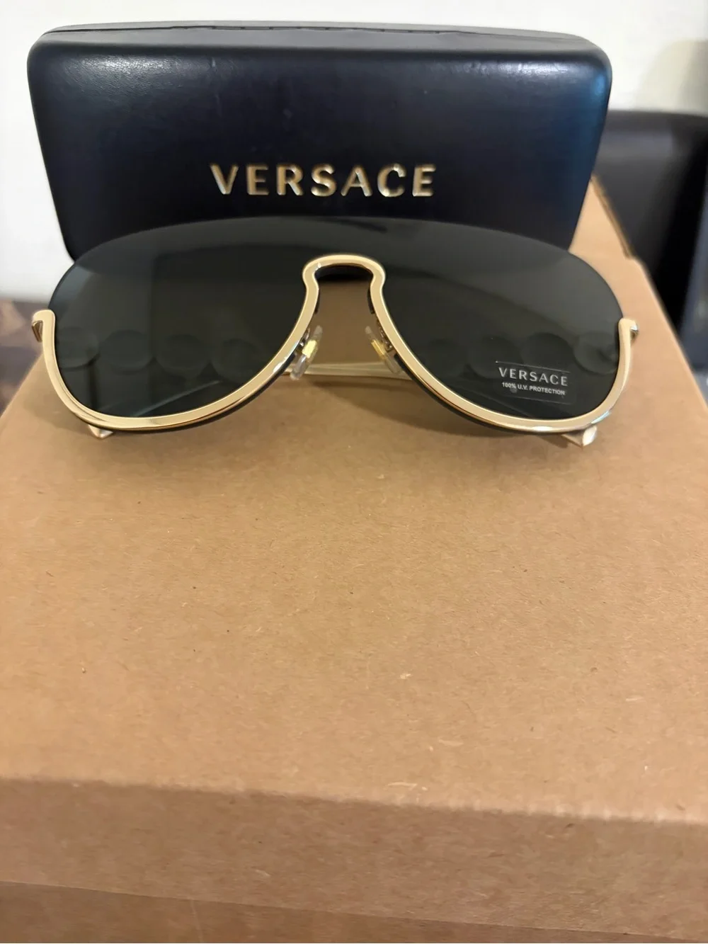 Versace Gold Medusa Coin Temple Sunglasses with Black Lenses